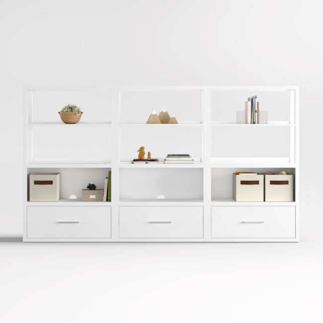 Ever Simple Set of 3 Modular White Wood Kids Drawer Bookcases with Hutches - Image 0