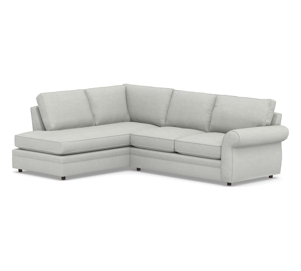 Pearce Roll Arm Upholstered Right Loveseat Return Bumper Sectional, Down Blend Wrapped Cushions, Basketweave Slub Ash - Image 0