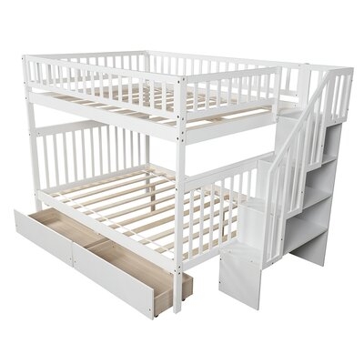 Full Over Full Bunk Bed Two Drawers Storage, White - Image 0