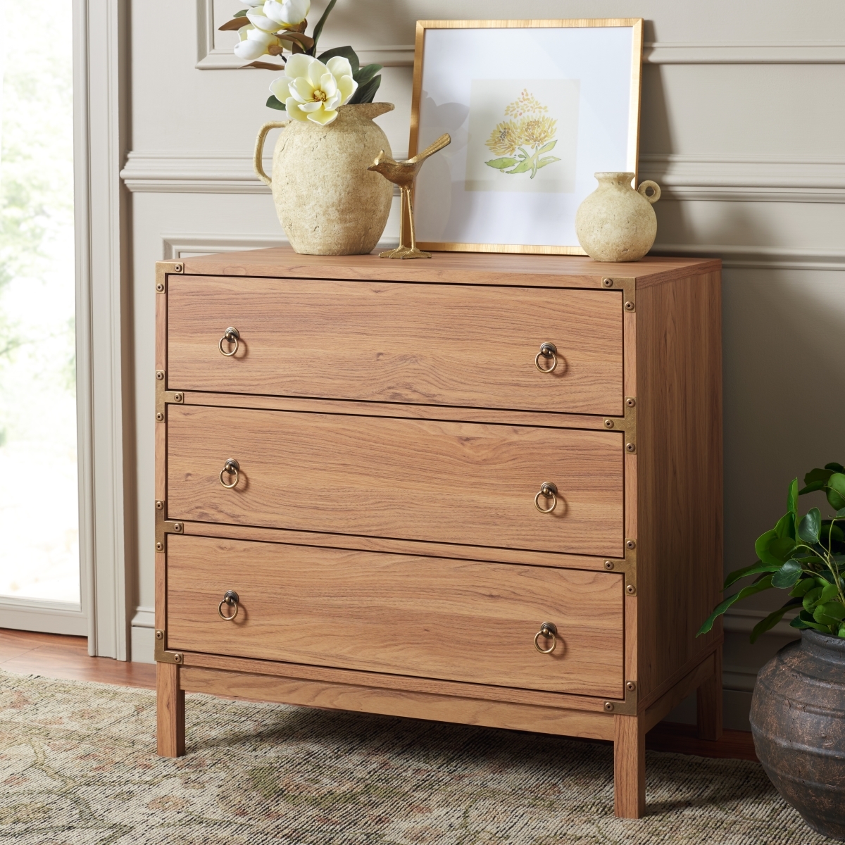 Galio 3 Drawer Chest - Oak / Gold - Safavieh - Image 1