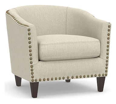 Harlow Upholstered Armchair with Pewter Nailheads, Polyester Wrapped Cushions, Chenille Basketweave Oatmeal - Image 0