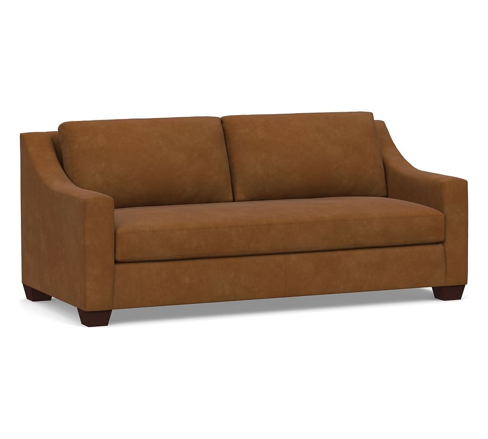 York Slope Arm Leather Sofa 80" with Bench Cushion, Polyester Wrapped Cushions, Nubuck Caramel - Image 0