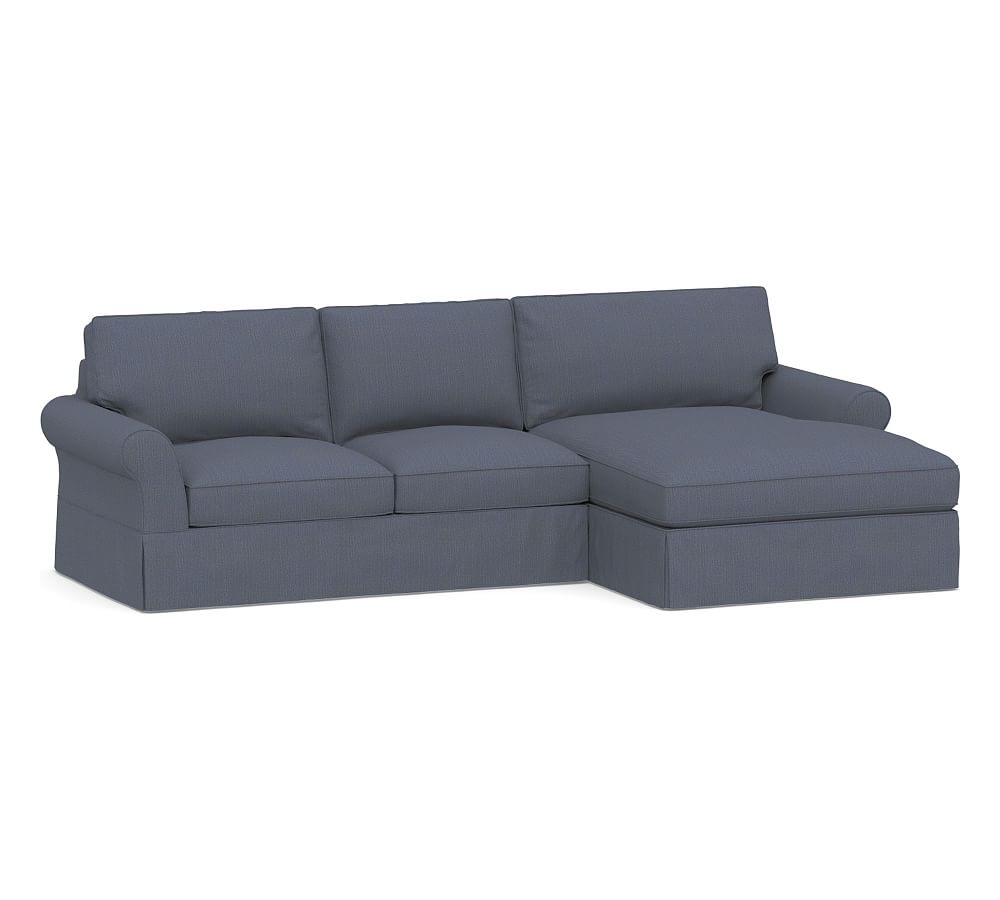 PB Comfort Square Arm Slipcovered Left Arm Loveseat with Wide Chaise Sectional, Box Edge, Down Blend Wrapped Cushions, Sunbrella(R) Performance Boss Herringbone Indigo - Image 0