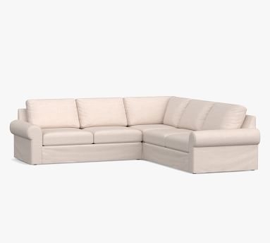 Big Sur Roll Arm Slipcovered 3-Piece L-Shaped Corner Sectional with Bench Cushion, Down Blend Wrapped Cushions, Brushed Crossweave Natural - Image 1