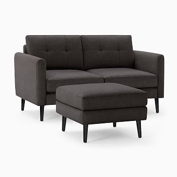 Nomad Slope Fabric Loveseat with Ottoman, Charcoal, Walnut Wood - Image 1