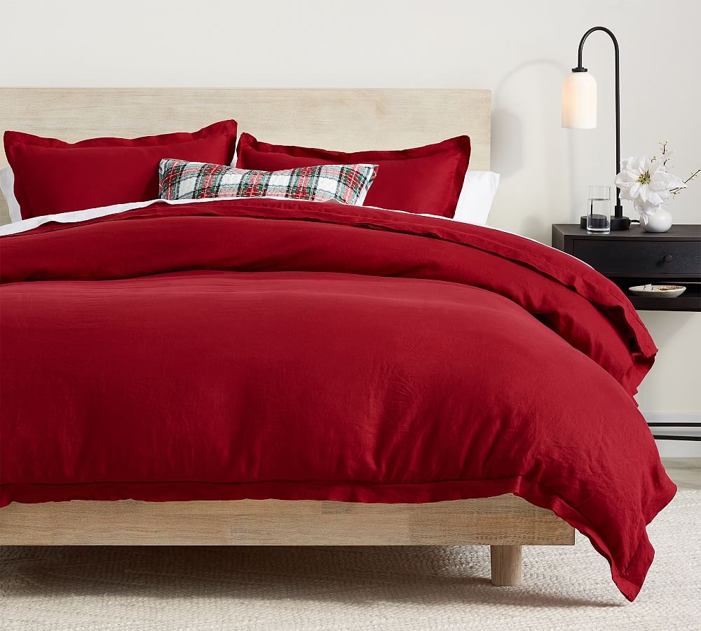 Belgian Flax Linen Double Flange Duvet Cover, Twin/Twin XL, Red Berry - Image 0