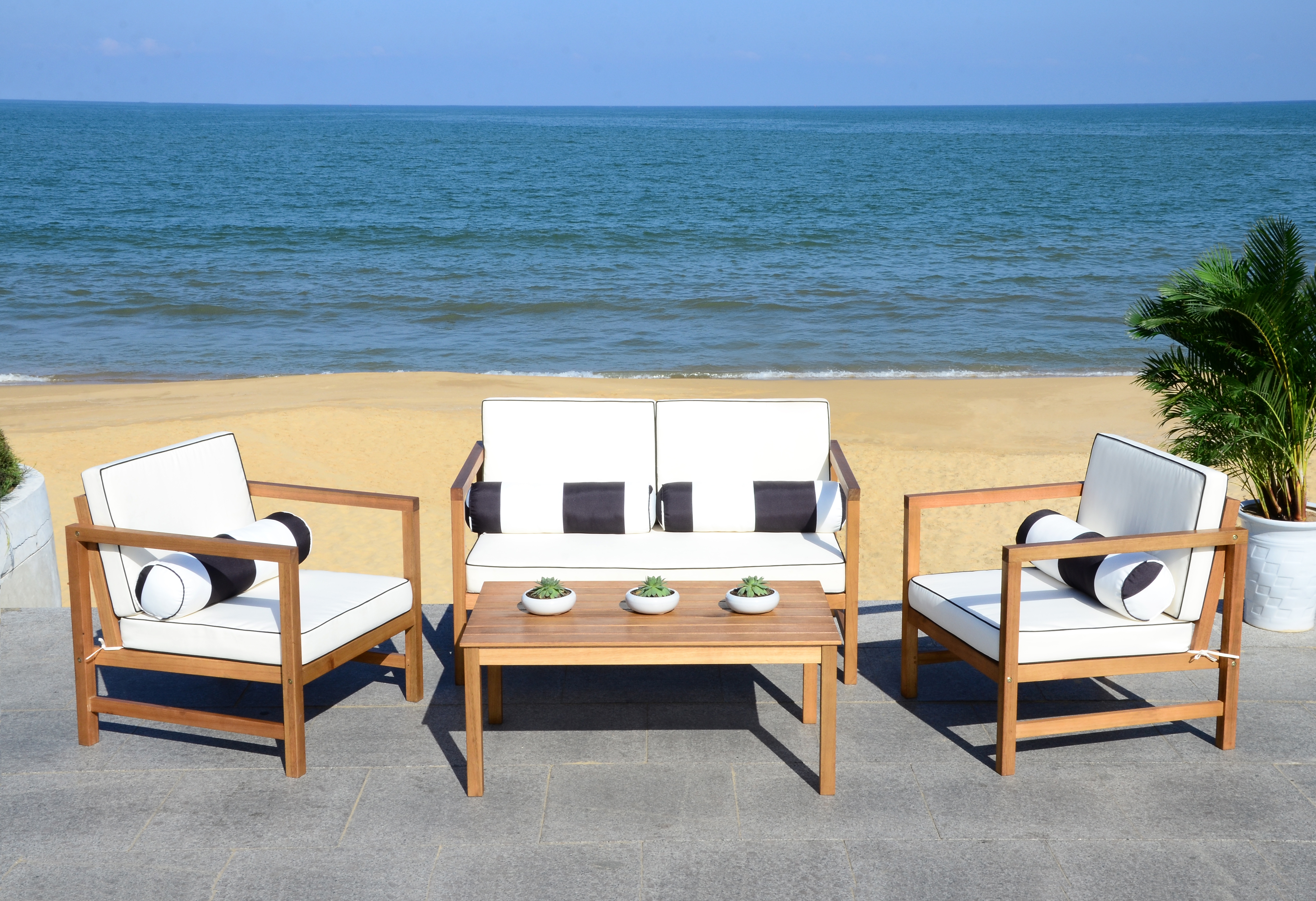 Montez 4 Piece Outdoor Set With Accent Pillows - Natural/Black/White - Safavieh - Image 5