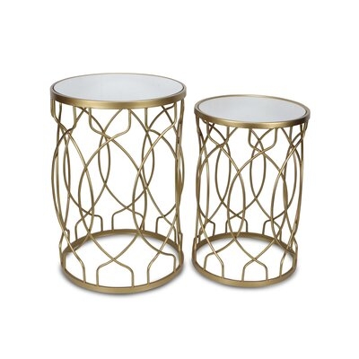 Set Of 2, Metal Nesting Tables With A Curved Repeating Pattern And A Top Mirror - Image 0