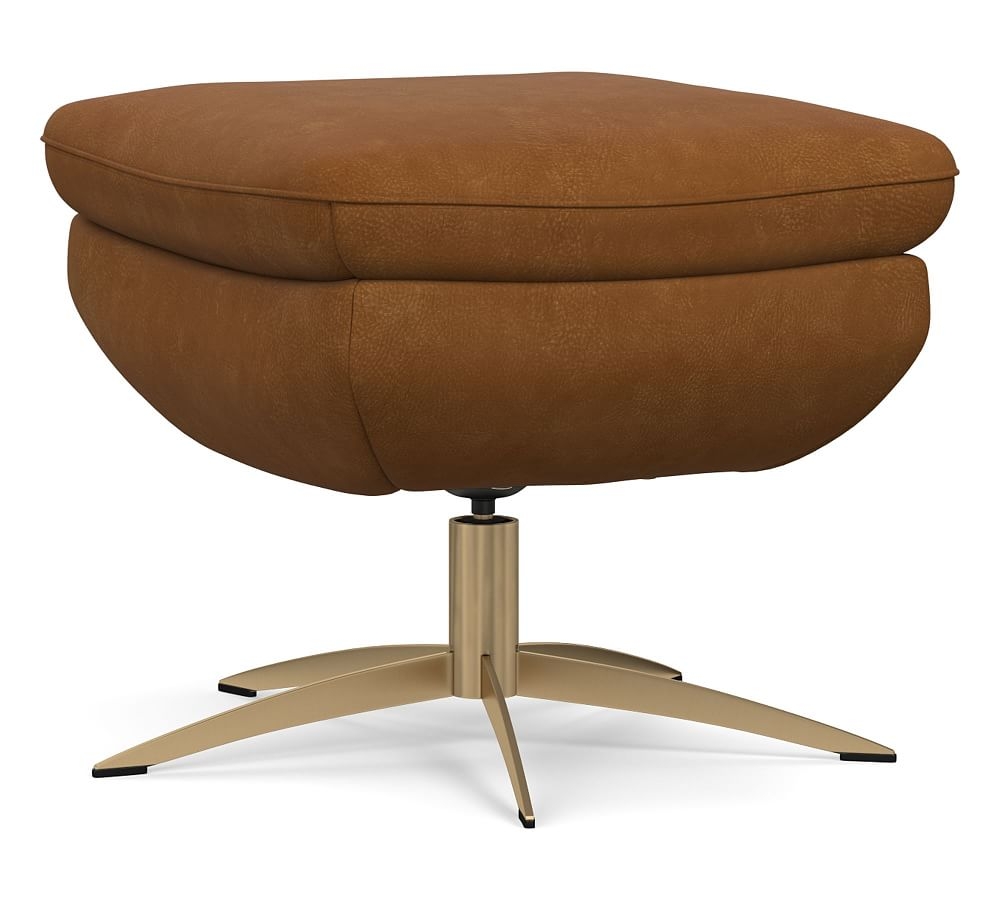 Wells Leather Swivel Ottoman with Brass Base, Polyester Wrapped Cushions, Nubuck Caramel - Image 0