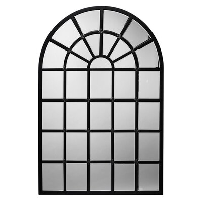 Mirror With Arch Metal Frame And Grid Design,Black And Silver - Image 0