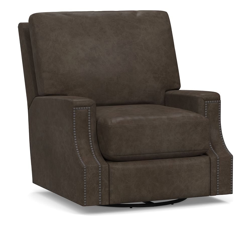James Square Arm Leather Swivel Armchair, Down Blend Wrapped Cushions, Statesville Wolf Gray - Image 0