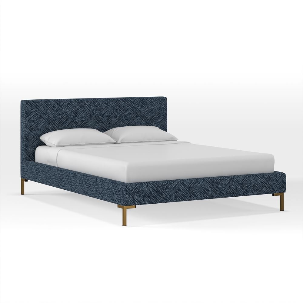 Upholstered Platform Bed, Queen, Line Fragments, Midnight, Brass - Image 0