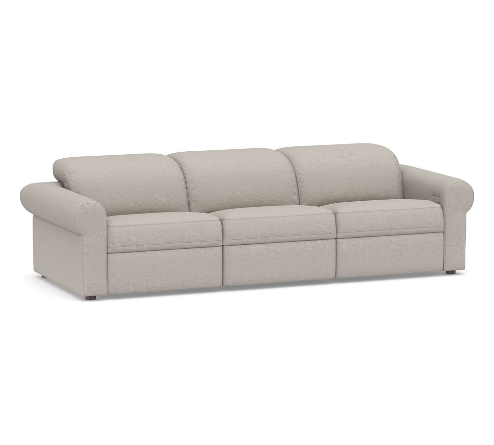 Ultra Lounge Upholstered Roll Arm 3-Piece Reclining Sofa Sectional, Polyester Wrapped Cushions, Chunky Basketweave Stone - Image 0