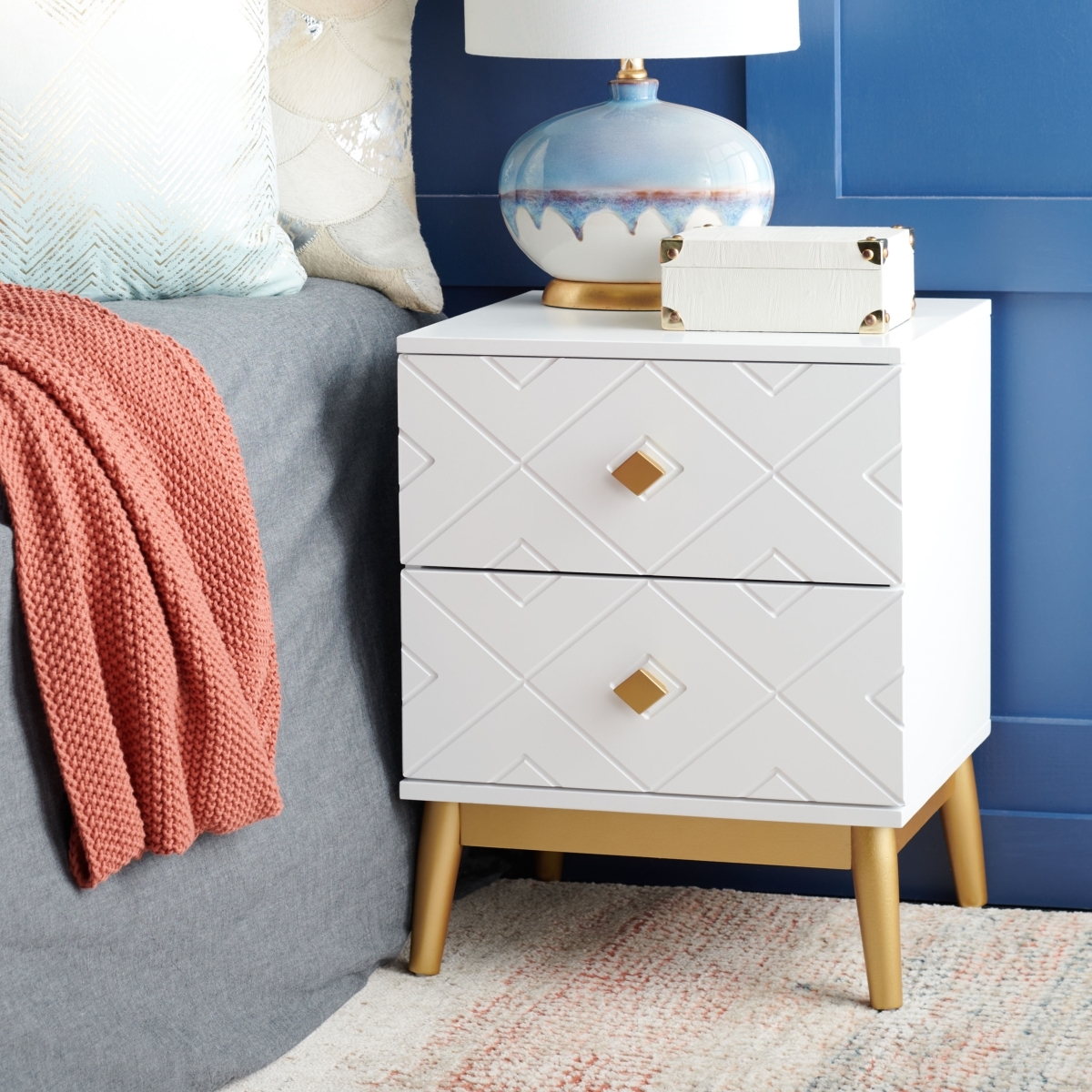 Wilfred 2 Drawer Patterned Nightsand - White / Gold - Safavieh - Image 1