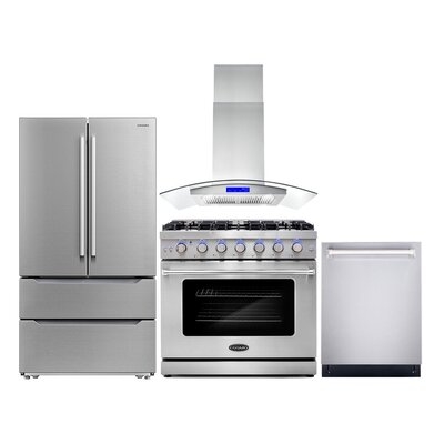 4 Piece Kitchen Package With 36" Freestanding Gas Range 36" Island Mount Range Hood 24" Built-in Fully Integrated Dishwasher & Energy Star French Door Refrigerator - Image 0