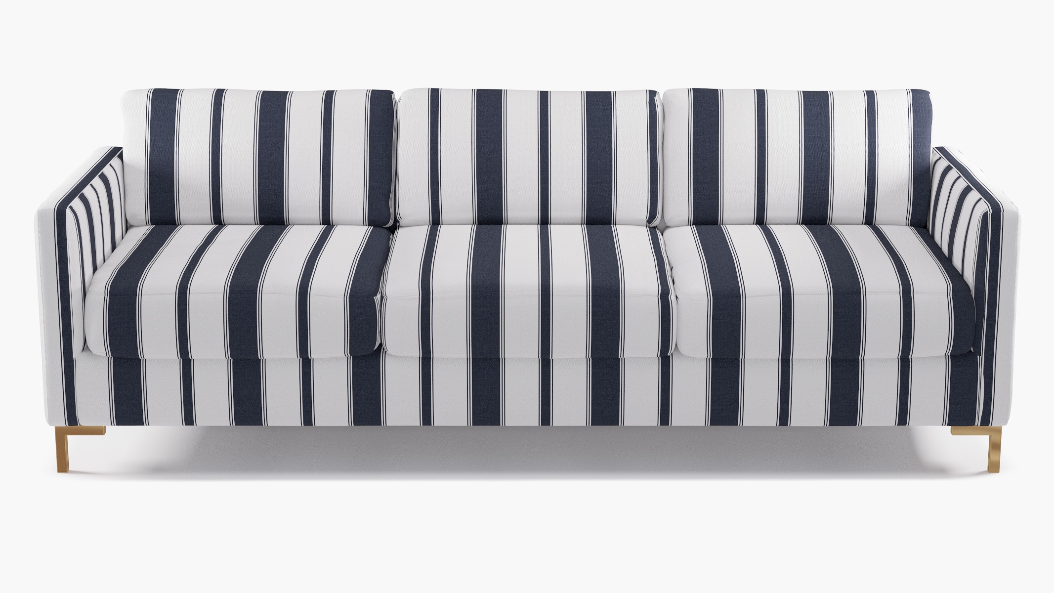 Modern Sofa, Navy Clarence Stripe, Brass L Leg - Image 0