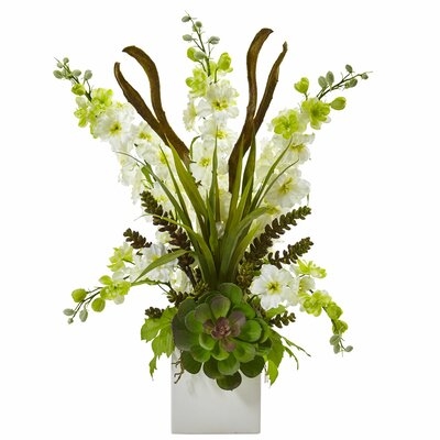 Delphinium/Succulent Floral Arrangement in Decorative Vase - Image 0