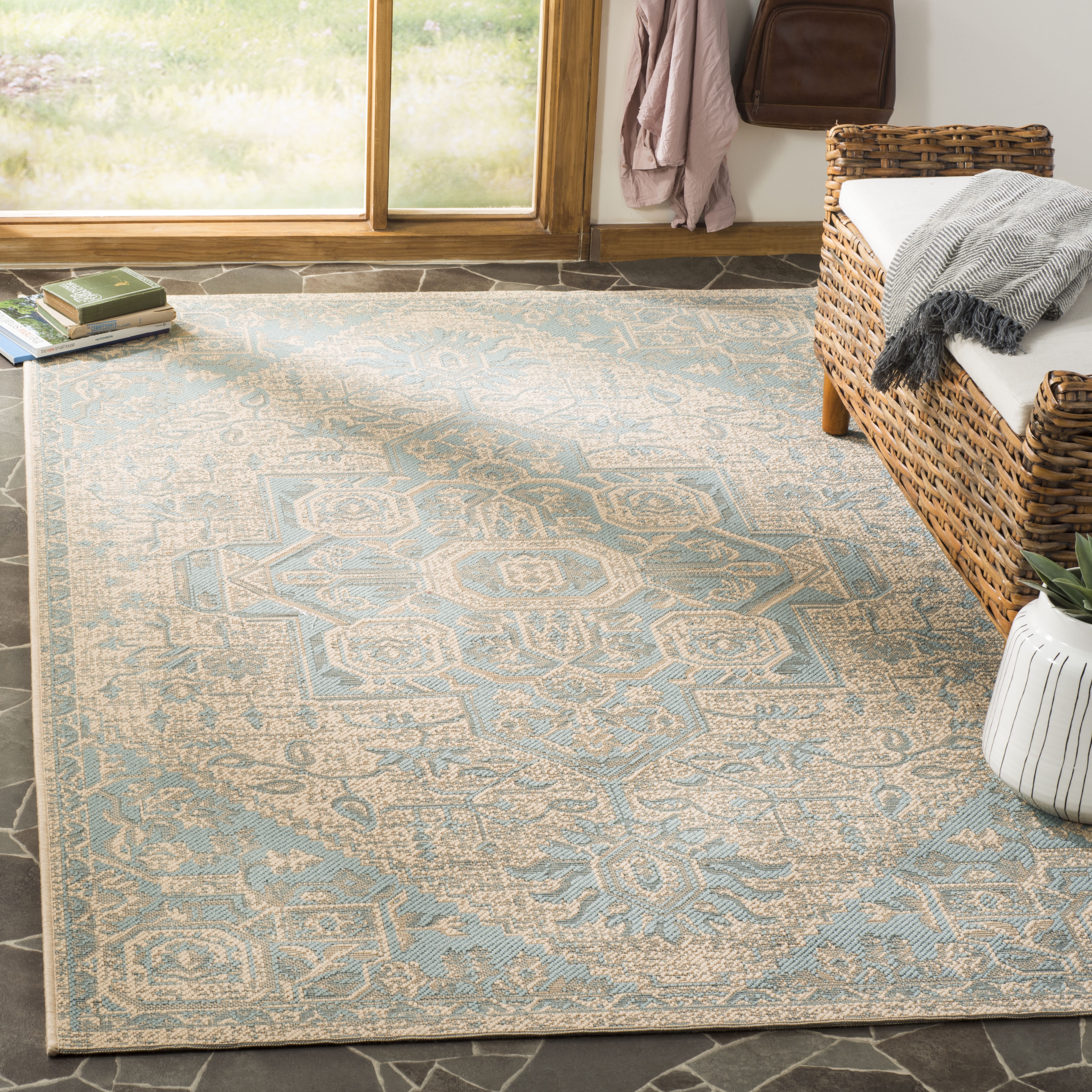 Arlo Home Indoor/Outdoor Woven Area Rug, LND138K, Aqua/Cream,  5' 1" X 7' 6" - Image 1