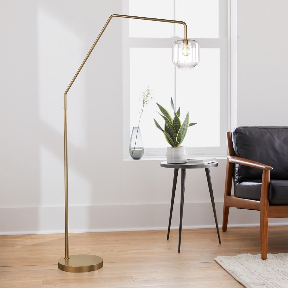 Sculptural Overarching Floor Lamp Antique Brass Clear Glass Pebble (75") - Image 0