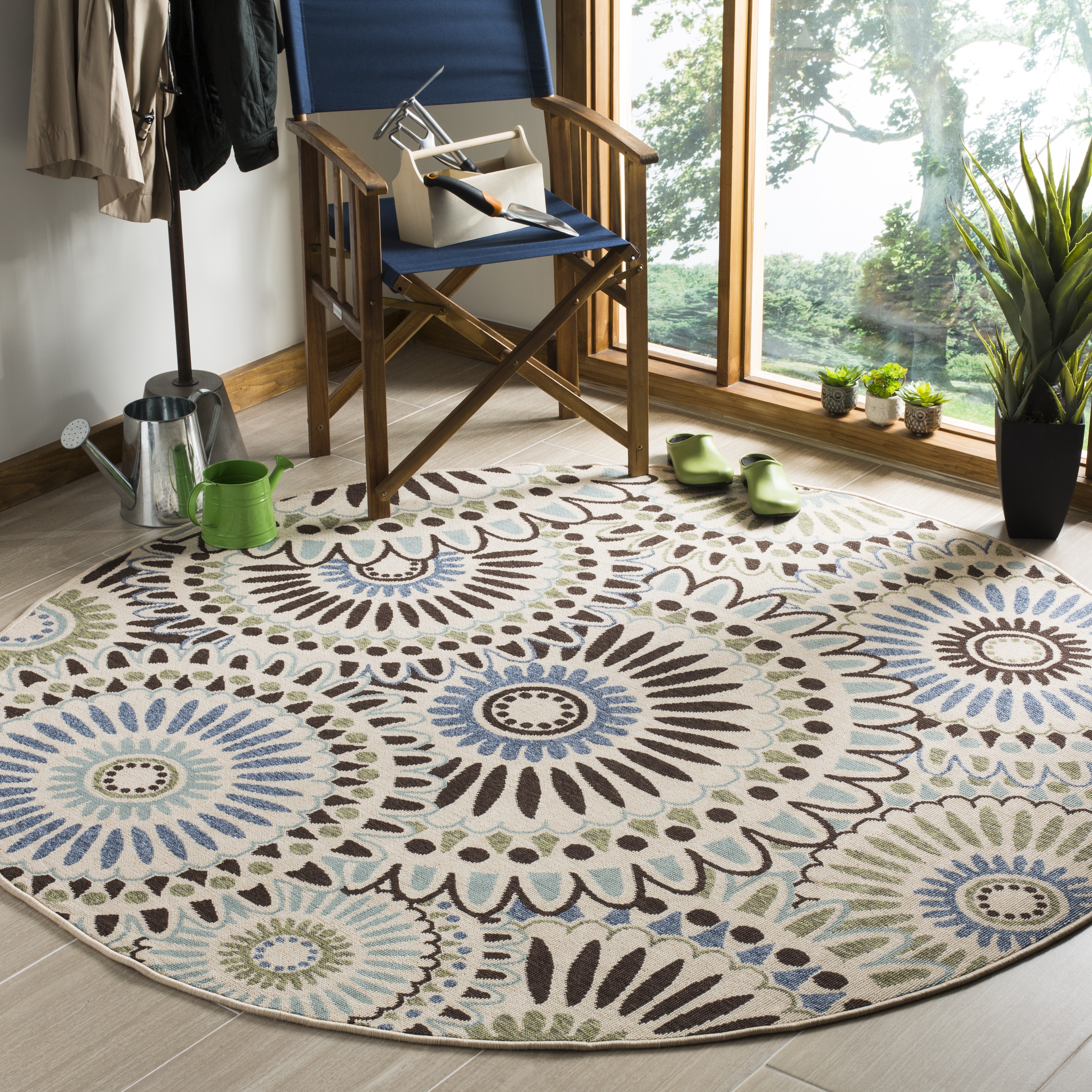 Arlo Home Indoor/Outdoor Woven Area Rug, VER091-0612, Cream/Blue,  6' 7" X 6' 7" Round - Image 1
