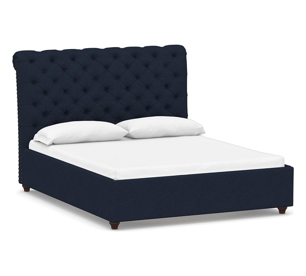 Chesterfield Tufted Upholstered Bed, Queen, Performance Heathered Basketweave Navy - Image 0