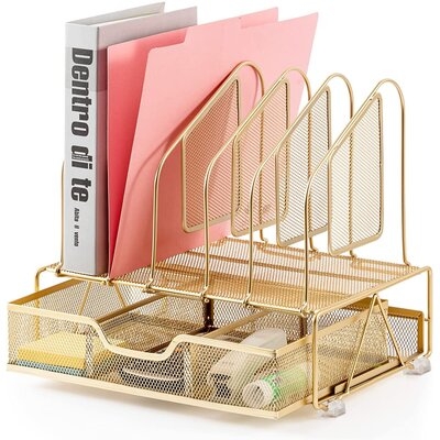 Office Accessories Desk Organizer With Storage Drawer, 1 Paper Tray & 5 Upright Sections, File Folder Holders Desk Organization, Cute Mesh Desk Supplies For Women Office, School, Workspace - Image 0
