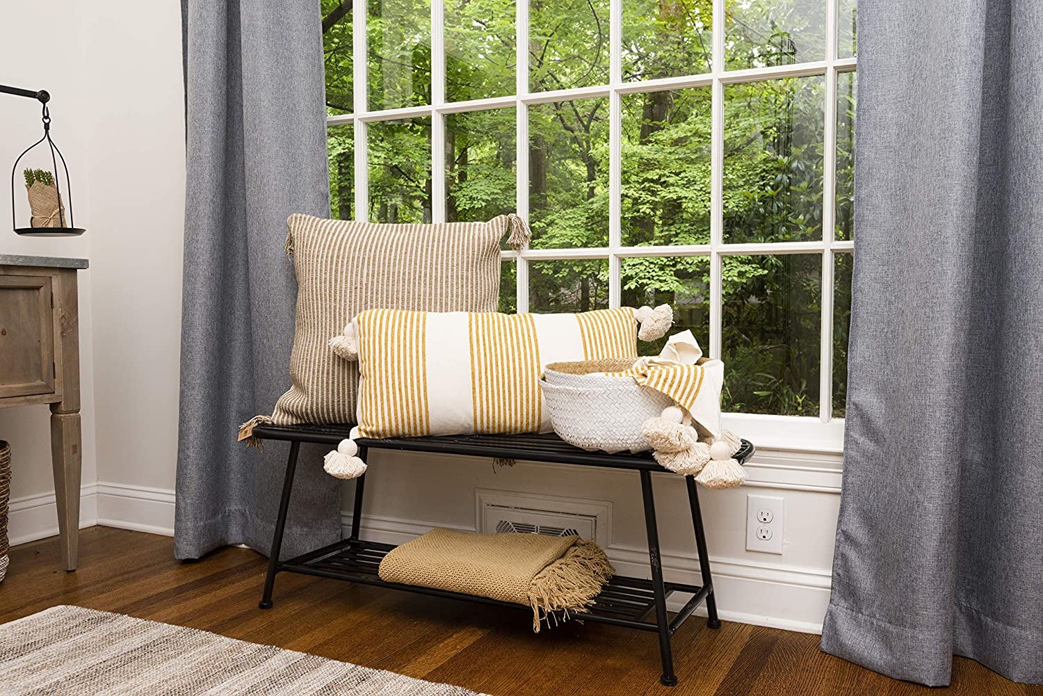 Cream Cotton & Chenille Pillow with Vertical Mustard Stripes, Tassels & Solid Cream Back - Image 6