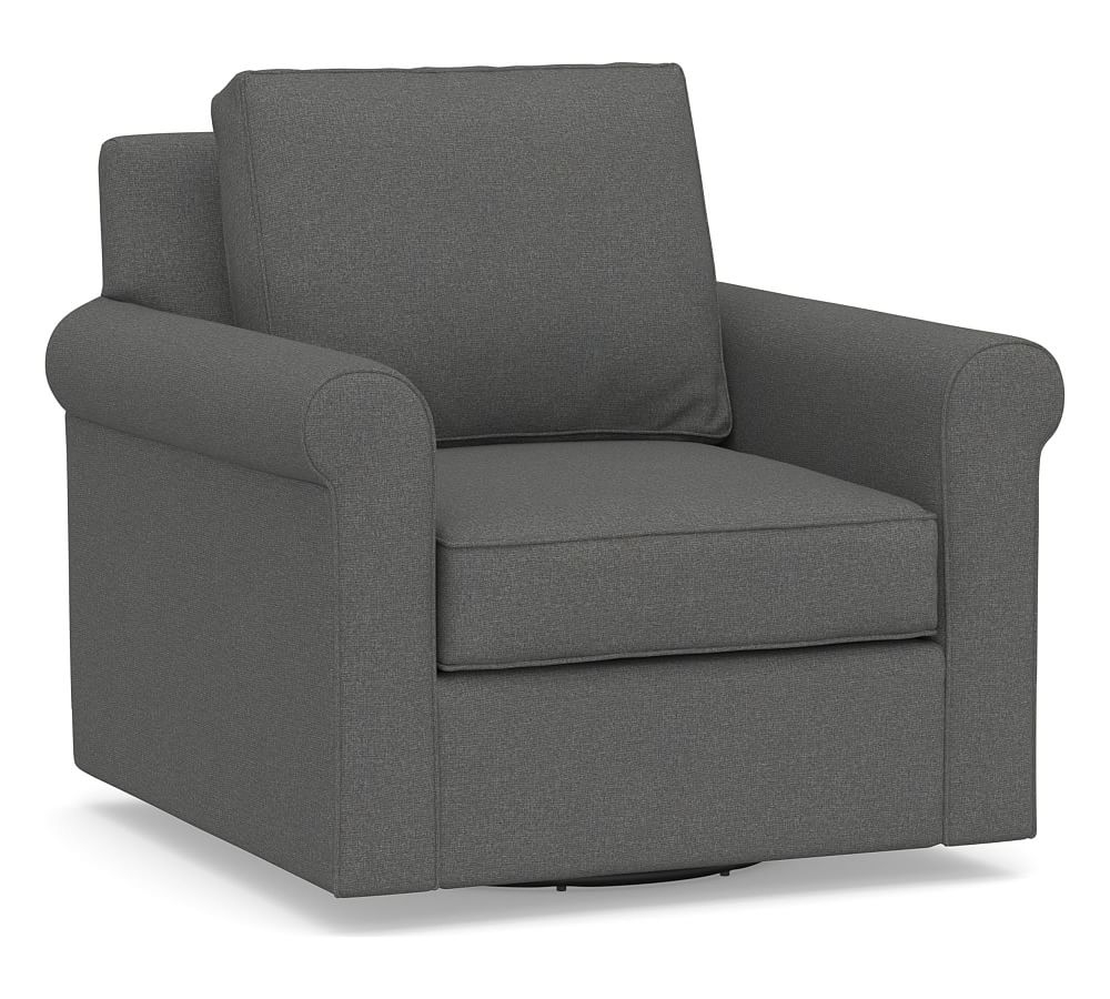 Cameron Roll Arm Upholstered Swivel Armchair, Polyester Wrapped Cushions, Park Weave Charcoal - Image 0