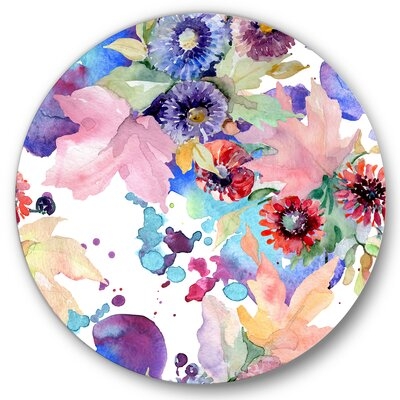Vibrant Wild Spring Leaves And Wildflowers VIII - Modern Metal Circle Wall Art - Image 0
