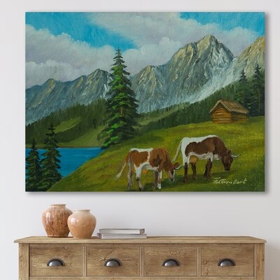 Mountain Landscape With Cows On A Green Meadow - Farmhouse Canvas Wall Art Print - Image 0