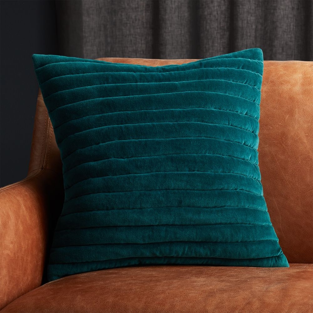 18" Channeled Teal Velvet Pillow with Feather-Down Insert - Image 0