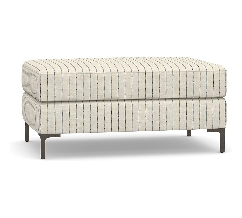 Jake Upholstered Ottoman with Bronze Legs, Polyester Wrapped Cushions, Slubby Pinstripe Blue - Image 0