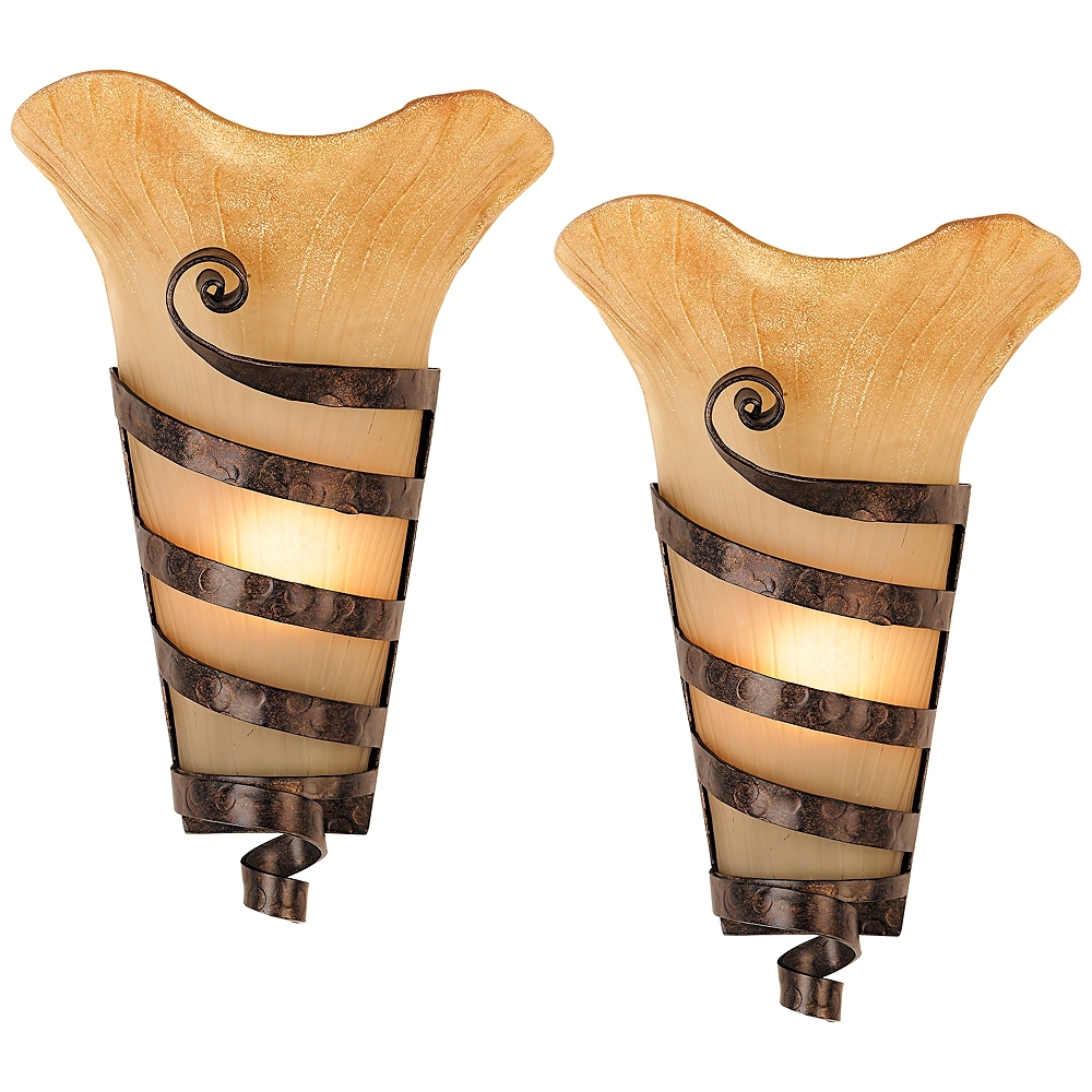 Franklin Iron Solara 14" Iron Scroll Scavo Glass Wall Sconces Set of 2 - Image 0