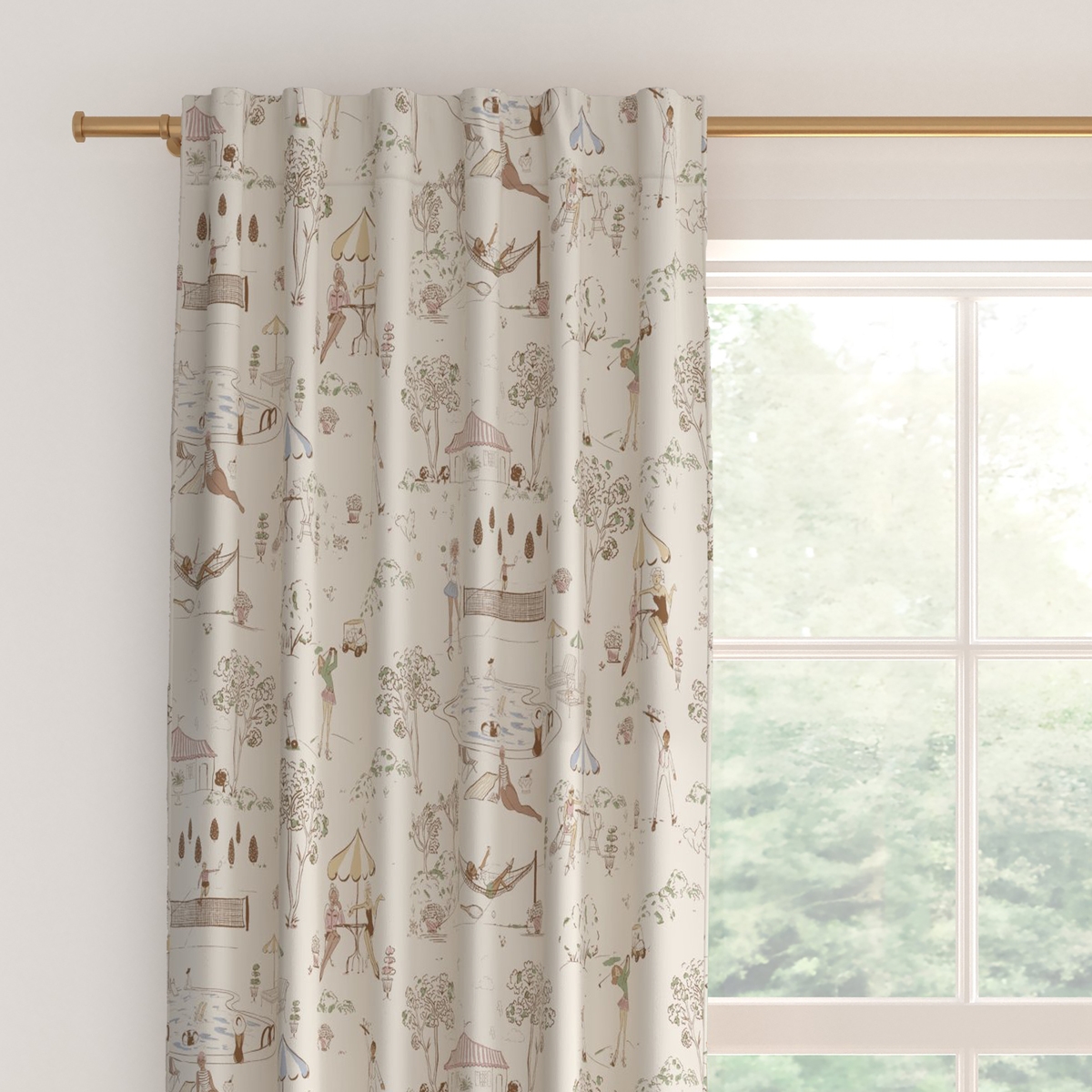 Printed Linen Curtain, Multi Country Club Toile, 50" x 108", Blackout - Image 1