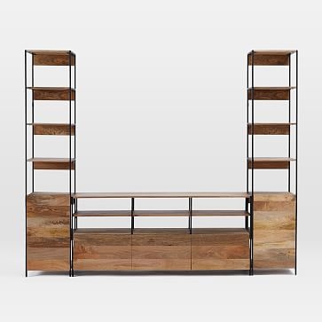 Industrial (67") Media and Set of 2 (17") Open + Closed Bookshelves, Mango - Image 3