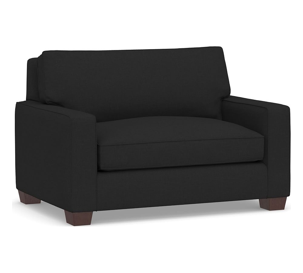 PB Comfort Square Arm Slipcovered Twin Sleeper Sofa, Box Edge Memory Foam Cushions, Textured Basketweave Black - Image 0