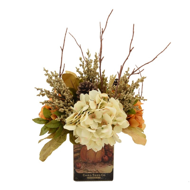  Cream and Orange Hydrangea Arrangement with Heather and Branches in Decorative Vase - Image 0