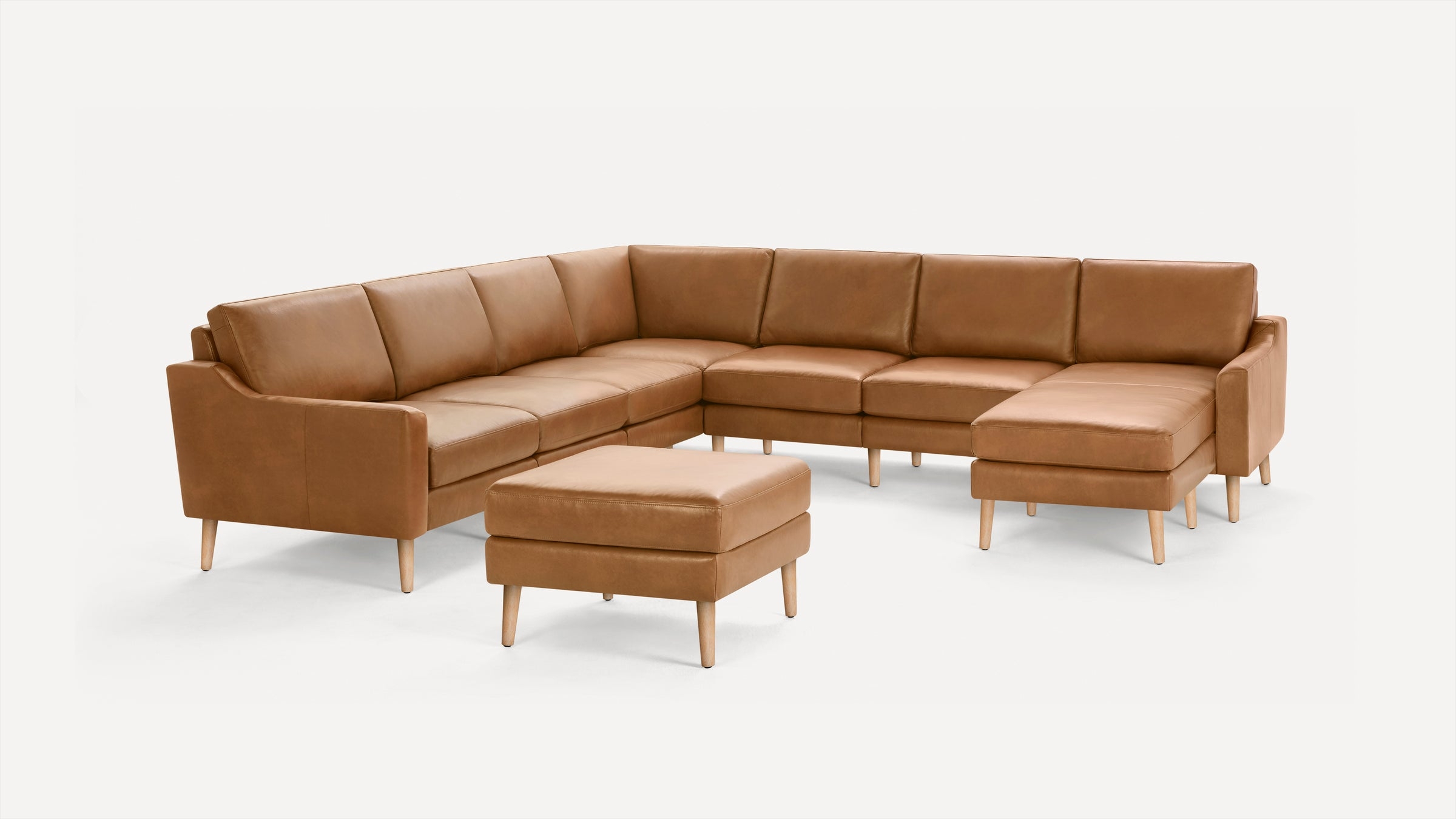 Nomad Leather 7-Seat Corner Sectional with Reversible Chaise and Ottoman - Camel - Top Grain Leather / Oak - Wood / Slope - Image 0