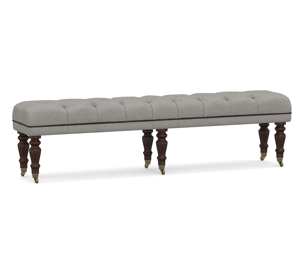 Raleigh Upholstered Tufted King Bench with Mahogany Legs & Bronze Nailheads, Performance Heathered Basketweave Platinum - Image 0