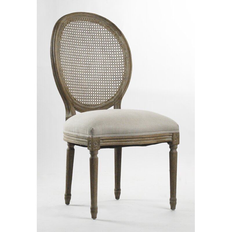 Zentique Medallion Linen Cane Back Side Chair in Gray Upholstery Color: Natural Linen with full Olive Green - Image 0