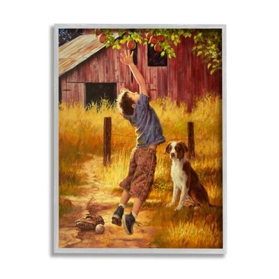 Boy Jumping for Autumn Farm Apple with Dog by Jim Daly - Painting Print - Image 0