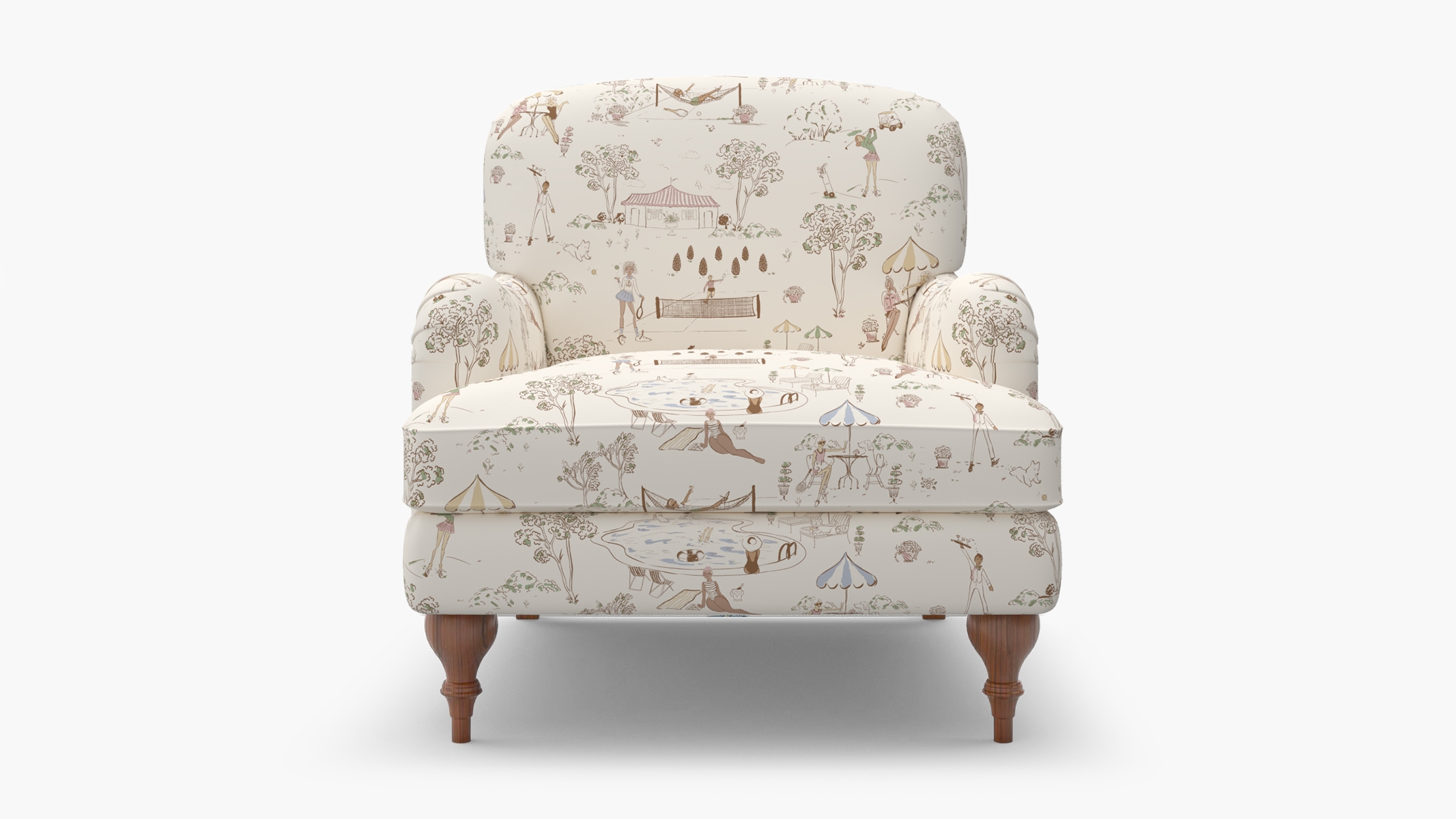 English Roll Arm Chair, Multi Country Club Toile, Walnut Turned Wood Leg - Image 0