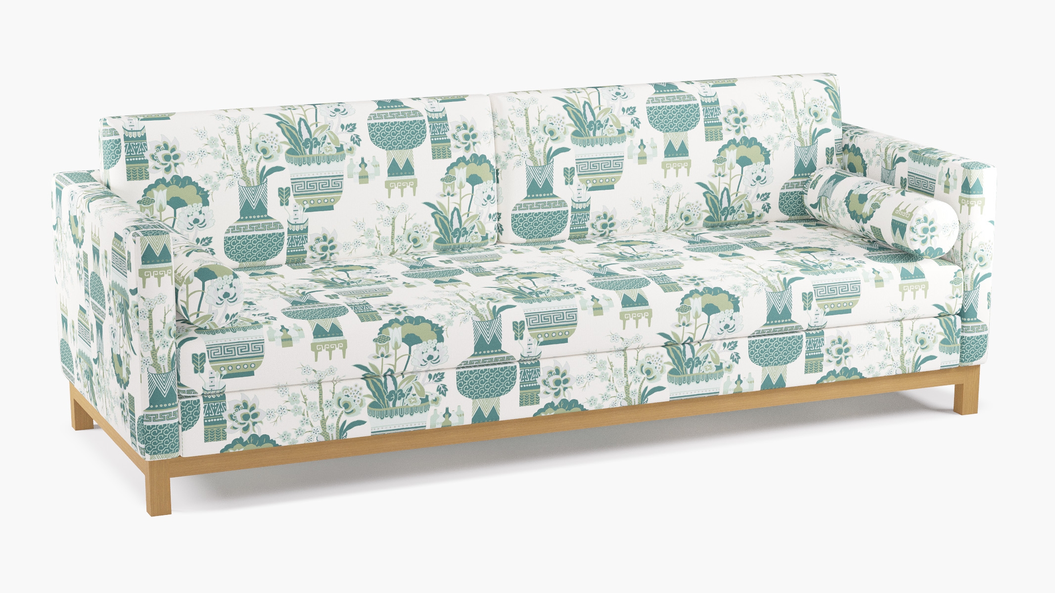 Tailored Tuxedo Sofa, Pistachio Kan-Shie, Natural Wood Rail - Image 1