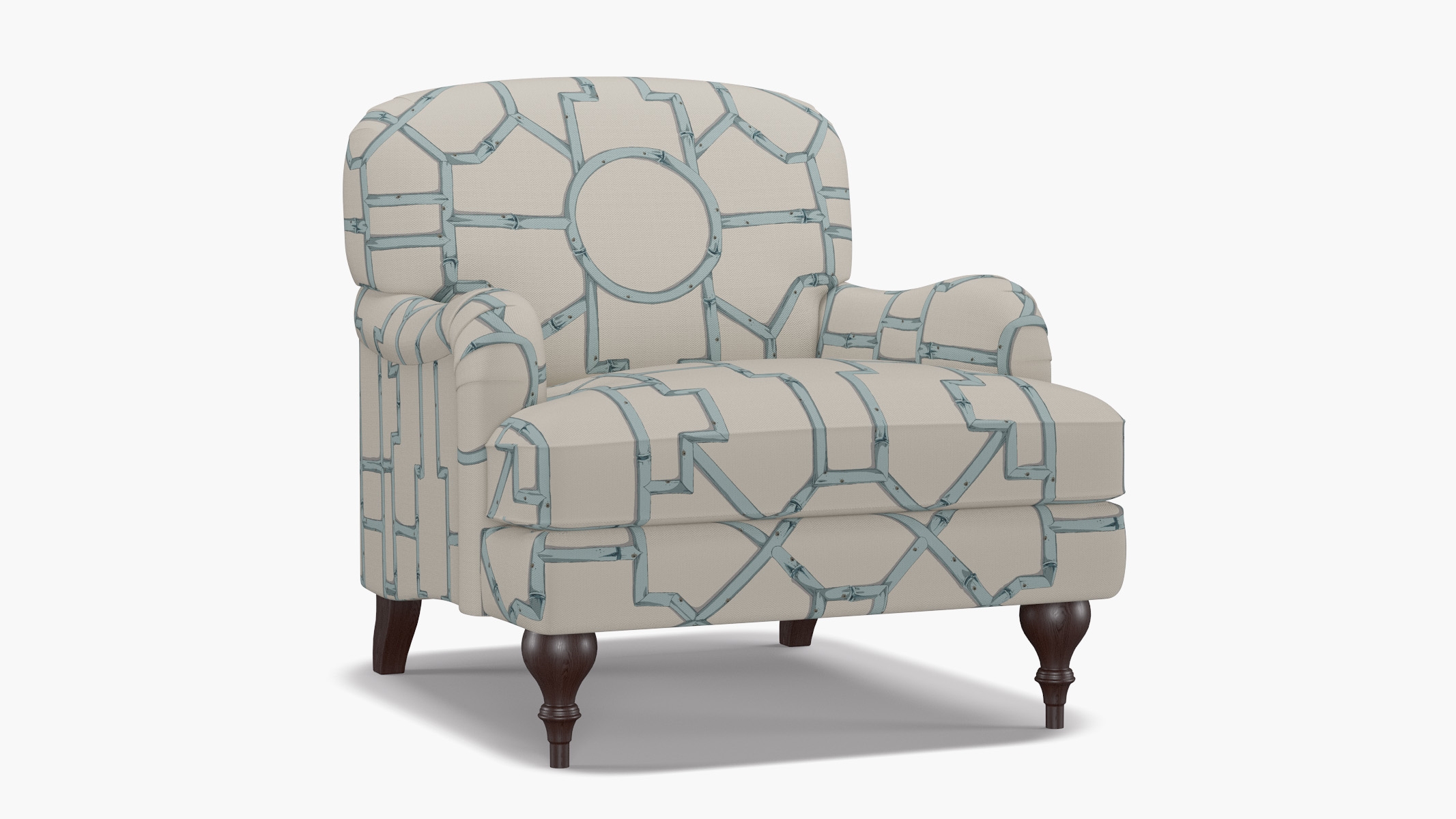 English Roll Arm Chair, Blue Baldwin Bamboo, Espresso Turned Wood Leg - Image 1