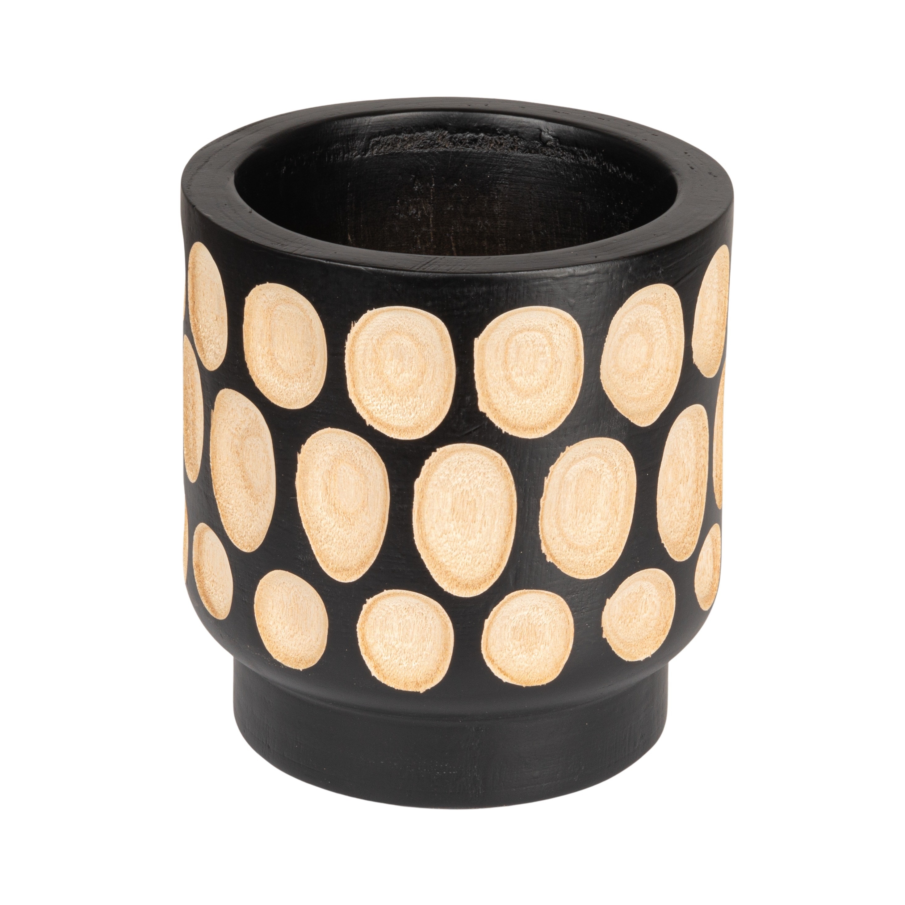 Hand-Carved Wood Planter with Dots, Black - Image 0