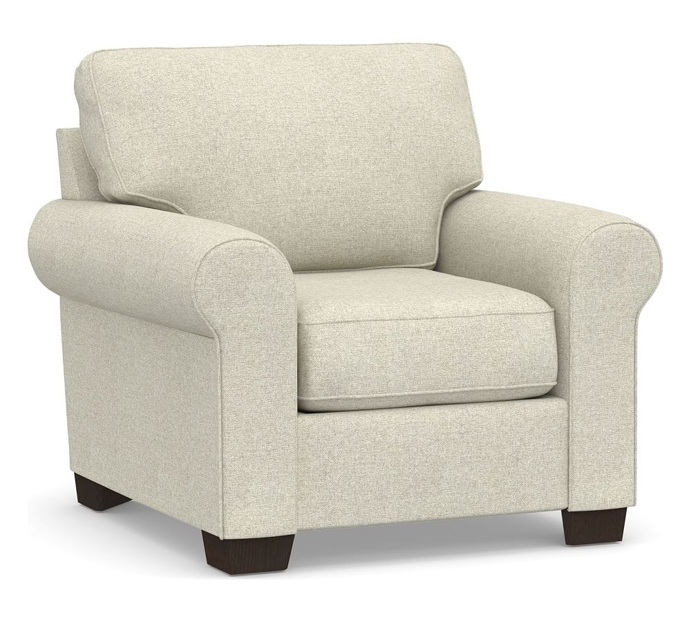 Buchanan Roll Arm Upholstered Armchair, Polyester Wrapped Cushions, Performance Heathered Basketweave Alabaster White - Image 0