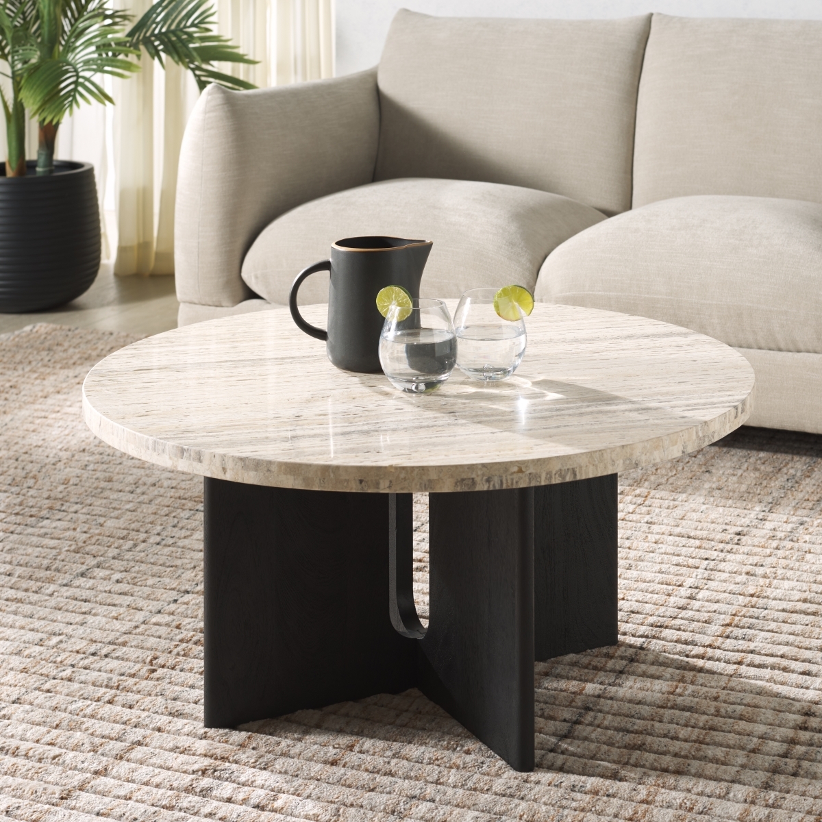 Shayna Travertine Coffee Table - Travertine/Black - Image 1