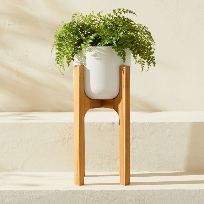 Cheva White Ceramic Indoor/Outdoor Planter with Teak Stand 10.5"x20.5" - Image 0