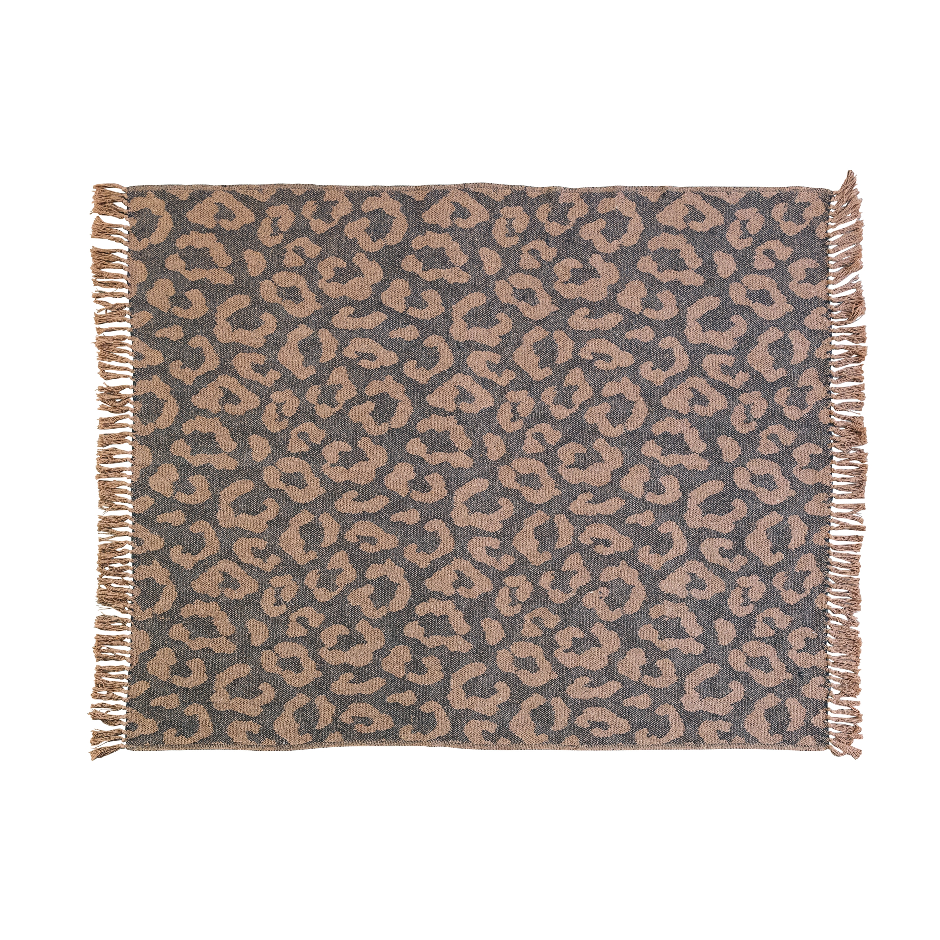 Woven Recycled Cotton Blend Leopard Print Throw with Fringe, Black and Tan - Image 0