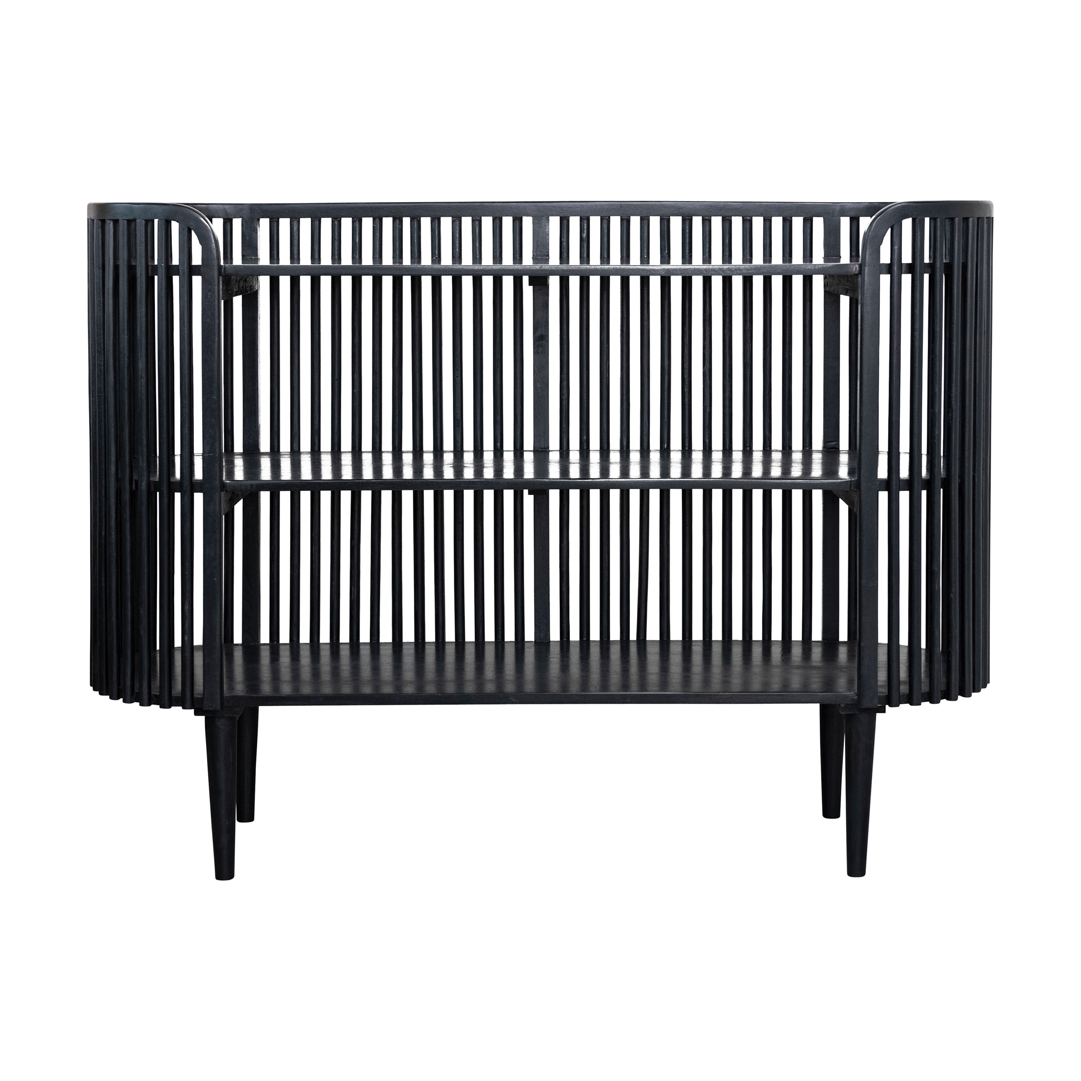 Modern Slatted Wood Console Table with 2 Shelves and Curved Edge, Black - Image 0